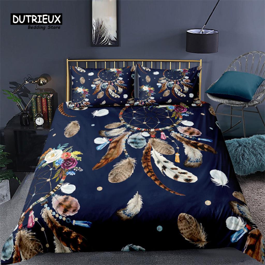Housse de Couette Bohème Attrape-Rêves Imprimé Géométrique Plumes Ensemble de Literie Taille King Queen Décor de Chambre Housse de Couette en Microfibre