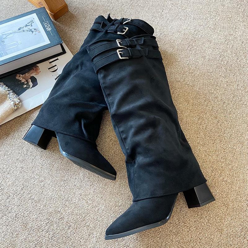

915-1 Design Sense Thick Heel Tall Pants Boots Knight Boots French Skinny Boots Women s Boots New Small Man Long 39 чёрный