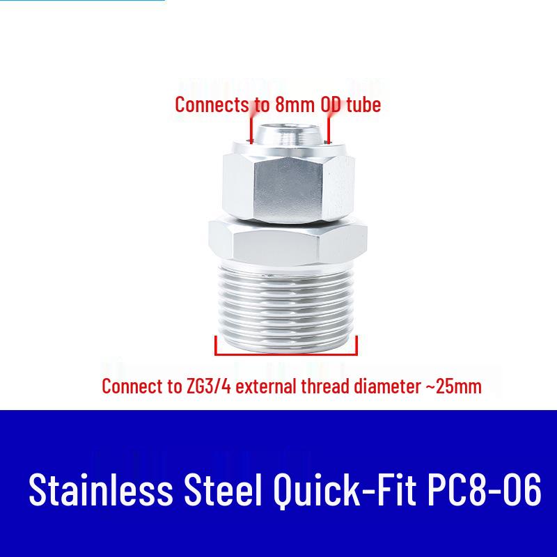 304 Stainless Steel Pneumatic Quick Connect Fitting for Air Hose and PTFE Tube, PC8-02.