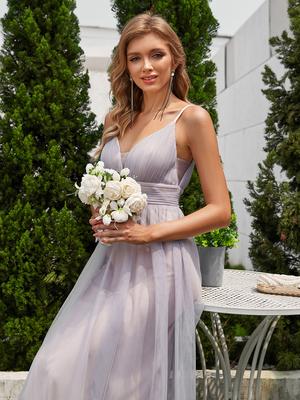 Ever-Pretty Women's Deep V-Neck See-Through Empire Waist Backless A-Line Pleated Tulle Bridesmaids Dress