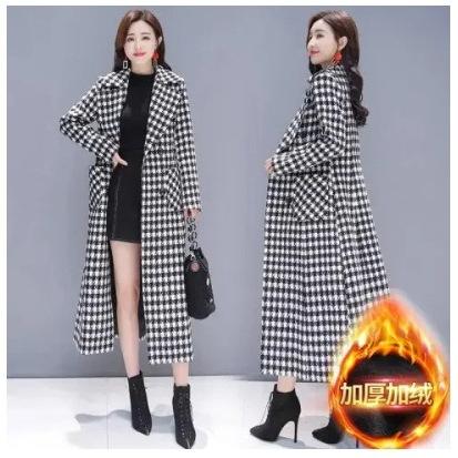 Compound, New Plaid Thickened Coat Women's Long Slim Temperament Fashion Thousand Bird Plaid Woolen Coat Tide