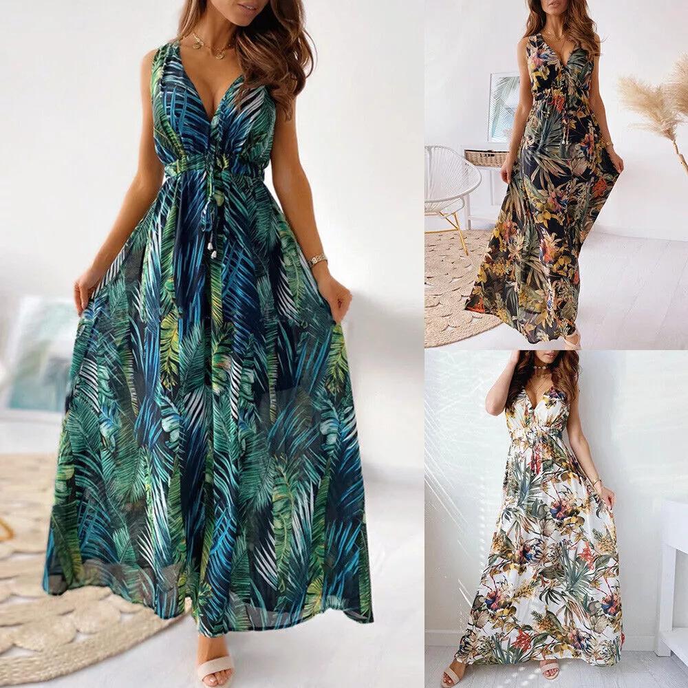 Women's Boho Floral V Neck Maxi Long Dress Ladies Summer Beach Swing Sundress