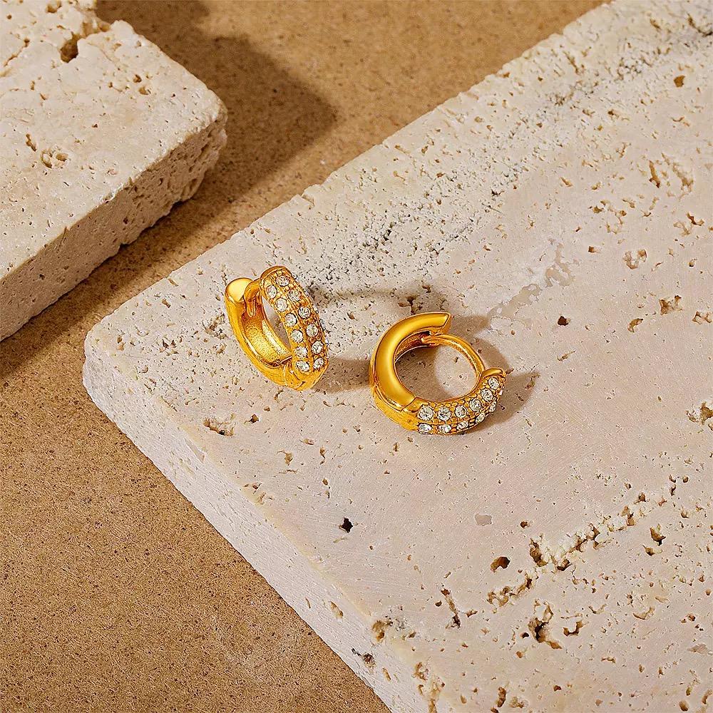 Trendy 316 Stainless Steel C-Shaped Hollow Hoop Earrings Zircon Sparkling 18K Gold Plated Lilia Women Party Occasion