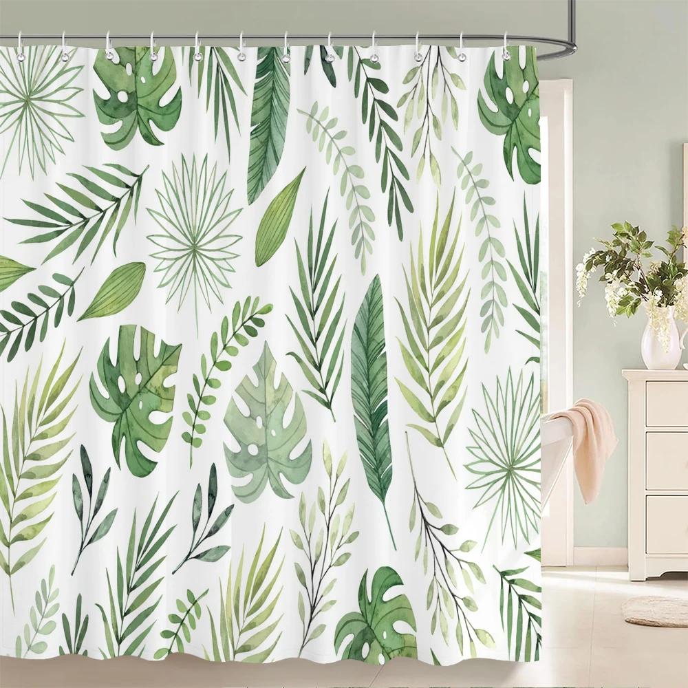 Tropical Green Plant Shower Curtain Leaves Printed Washable Bath Curtain Waterproof Polyester Fabric Bathroom Curtains