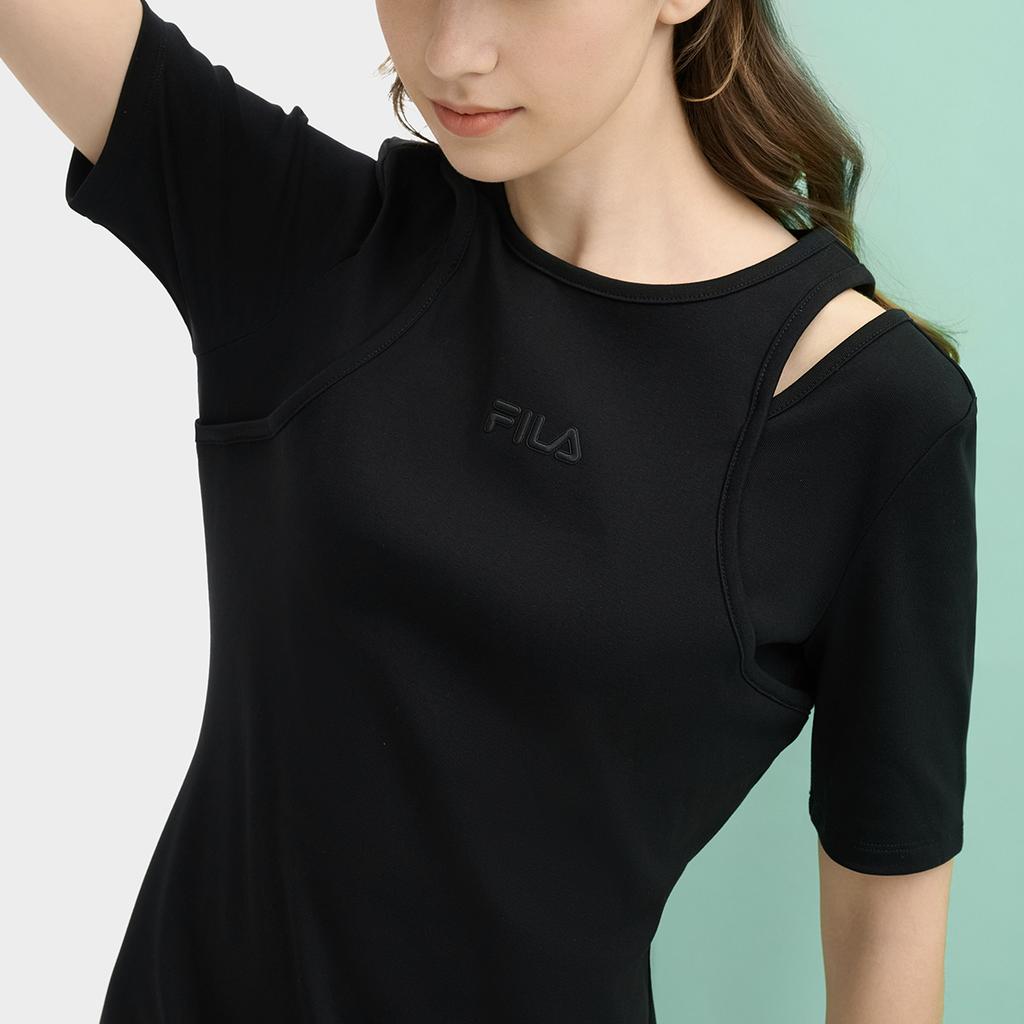 FILA Original Fashionable Personality Trendy Soft Comfortable Breathable Cut-Out Short Sleeve Dress Women dresses Black F51W529301F-BK