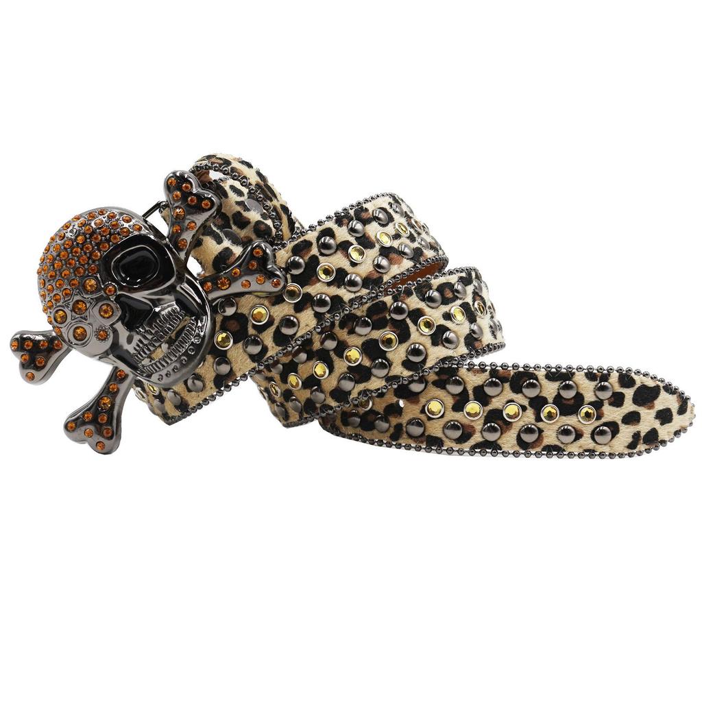 Women’s Skull Leopard Print Rhinestone Belt - Dark Punk Style, Fully Inlaid with Diamonds