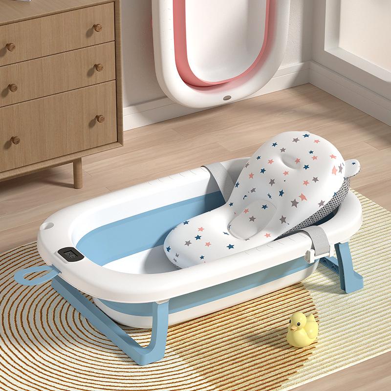 Foldable Baby Bathtub with Thermometer for Ages 0-3, Large Size Children's Stand-up Bath Tub