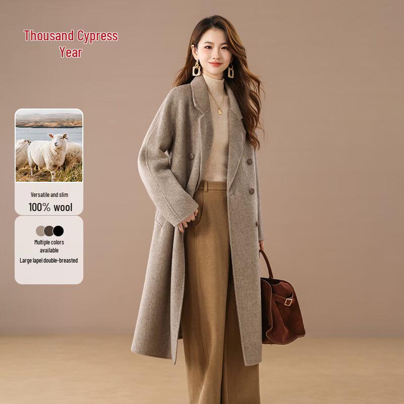 

Qianbainian Women s Merino Wool Double-faced Lapel Belted Coat S