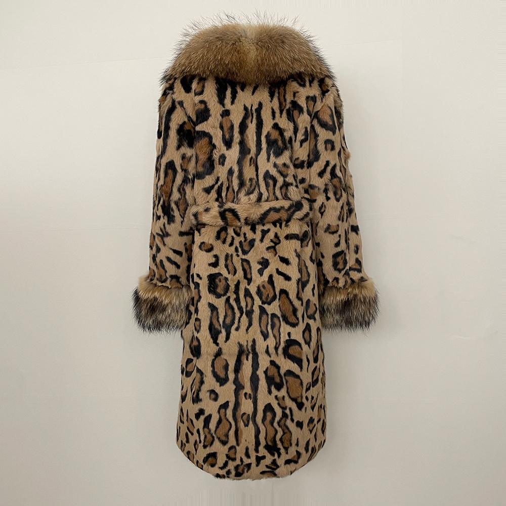 OFTBUY 2024 Winter Real Rabbit Fur Leopard Print Women Coat  Long Raccoon Fur Collar Coat Fur One-piece Thickened Warm Overcoats
