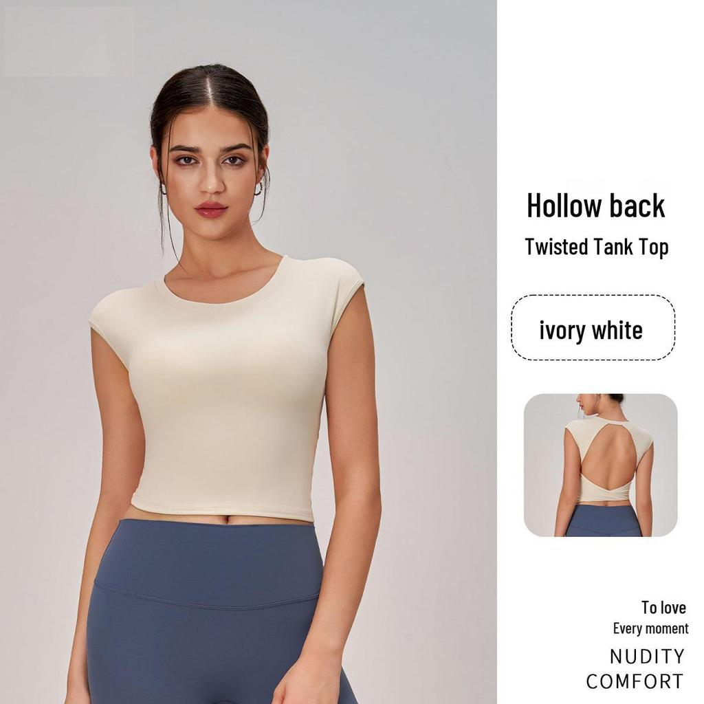 Women's Short Sleeve Backless Sports Top with Bra Pads - Quick Dry, Beautiful Back, Ideal for Pilates & Yoga.