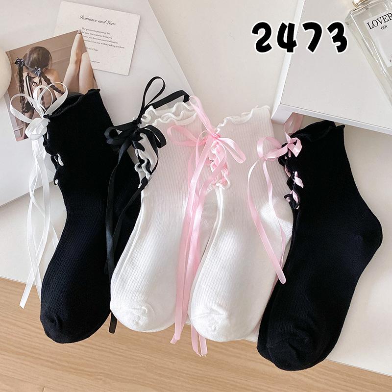 Girls' Spring and Autumn Ballet-style Lace Lace-tied Mid-calf Lolita Sweet Bow Girls' Short Socks
