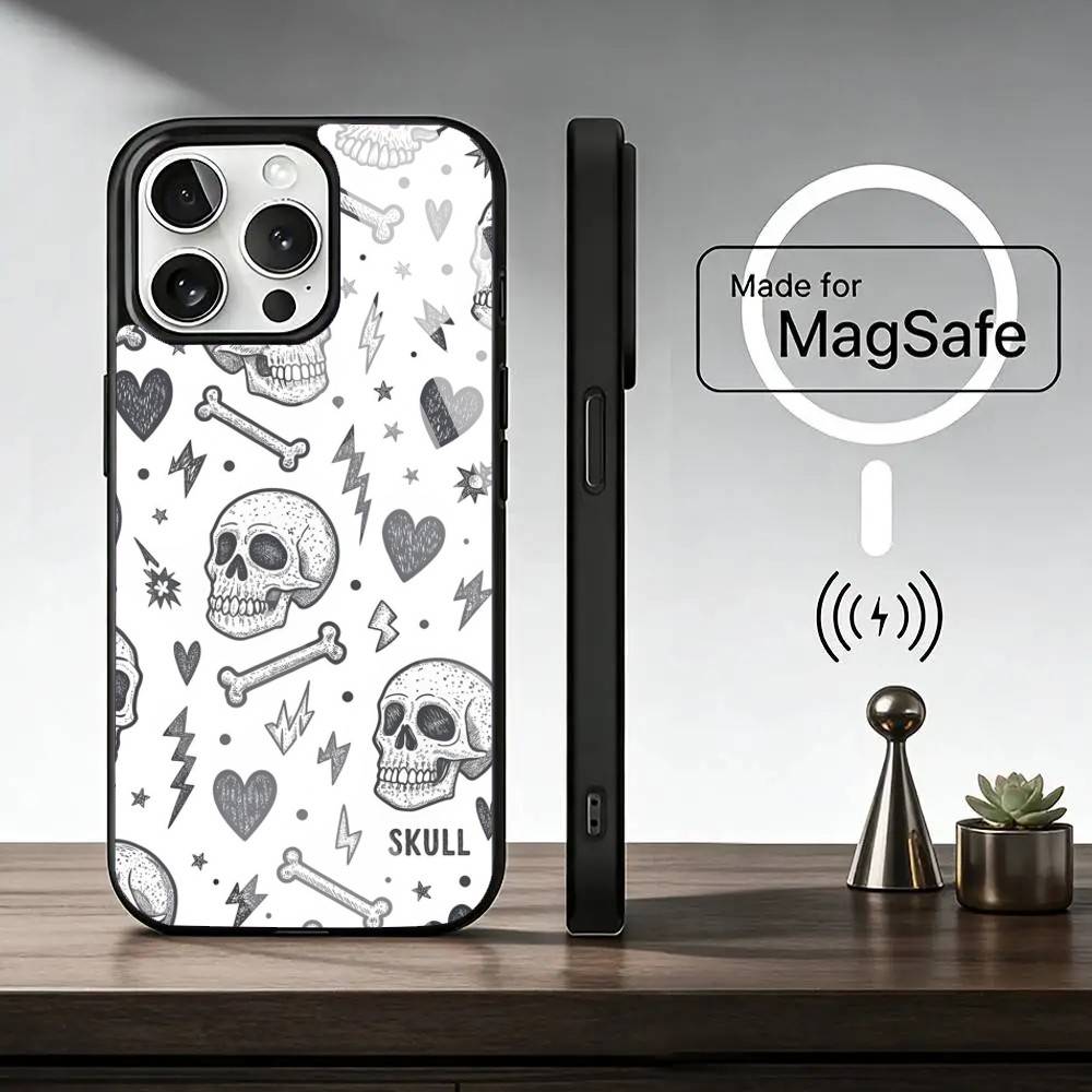 Skull Phone Case For iPhone17,16,15,14,13,12,11 Plus,Pro Magnetic with Magsafe Wireless Charging