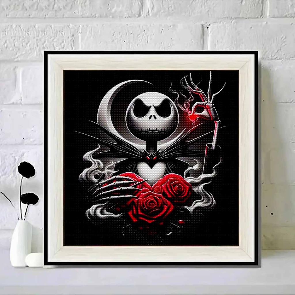 5D DIY Diamond Painting Decorative Skeleton Holding Flowers Looks Back Full Round Drill Scenery Diamond Embroidery Cross Stitch Kits Home Decor Gift