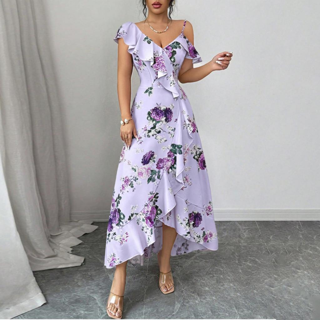 Women's V Neck Floral Print Ruffle Trim Midi Dress Sleeveless Summer Vacation Casual Elegant Dress for Outdoor Events