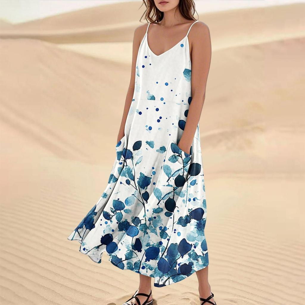 Damenmode Lässig Ärmellos Tasche Langes Strandkleid mit Blumendruck