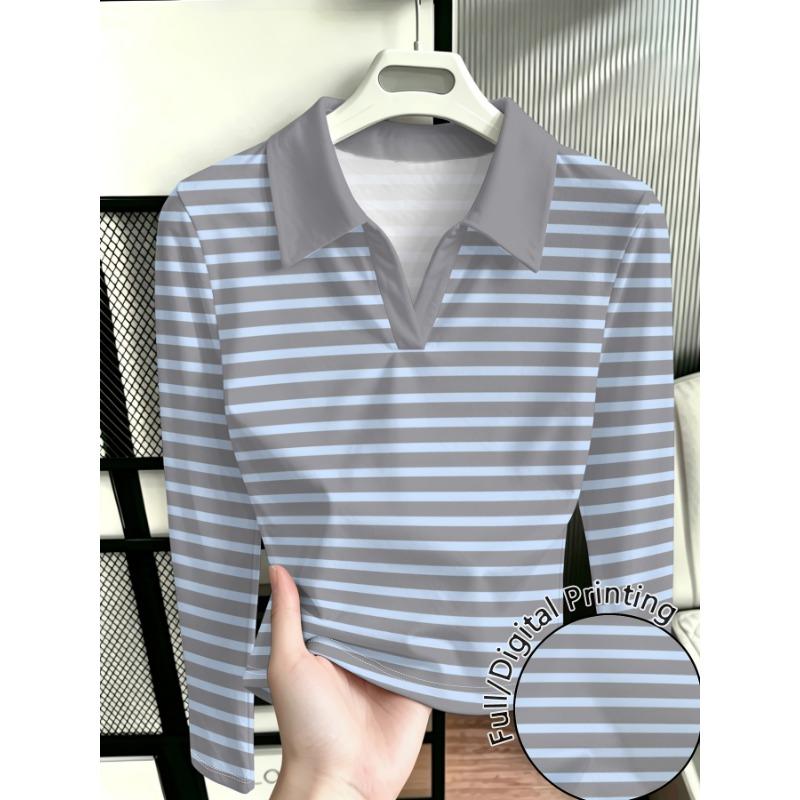 Women's New Long-Sleeve Fashionable and Versatile Polo Shirt, Contrast Color Striped Collar with Print, Long-Sleeve Polo Shirt for Women