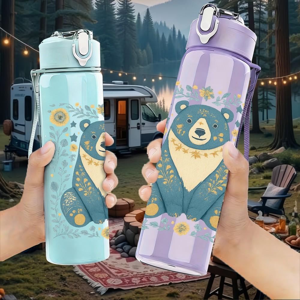 1PC Blue Bear Floral Frame 750ml Color Plastic Sports Water Bottle Leakproof Flip Straw Lid Suitable for Sports Office Home Use