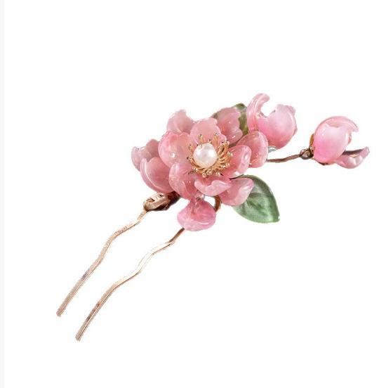 

1/2pcs Peach Blossom Hairpin New Chinese Style Pink Floral Hair Clip with Pearl Crystal Alloy Hair Ornament for Hanfu Cosplay