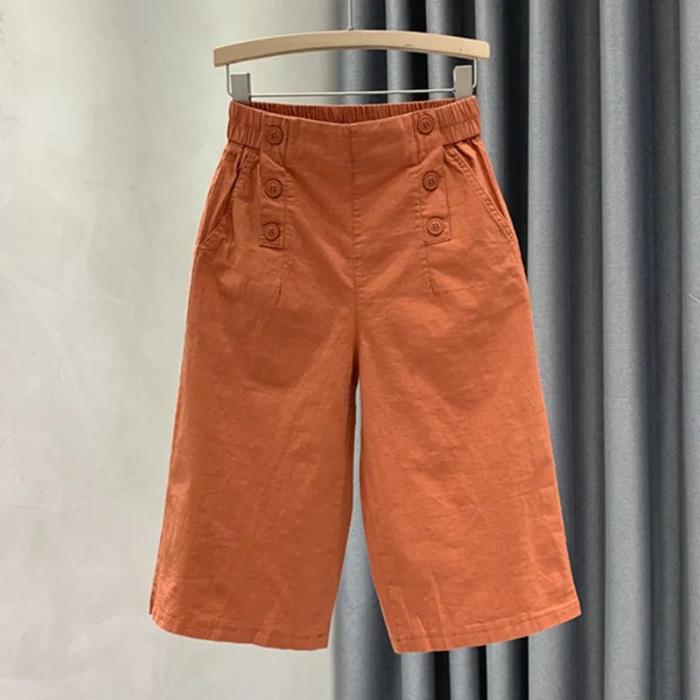 Cotton Cropped Pants for Women In Summer Elastic High Waisted Slimming and Wide Leg Casual Pants with Versatile Temperament Thin Mid Length Pants