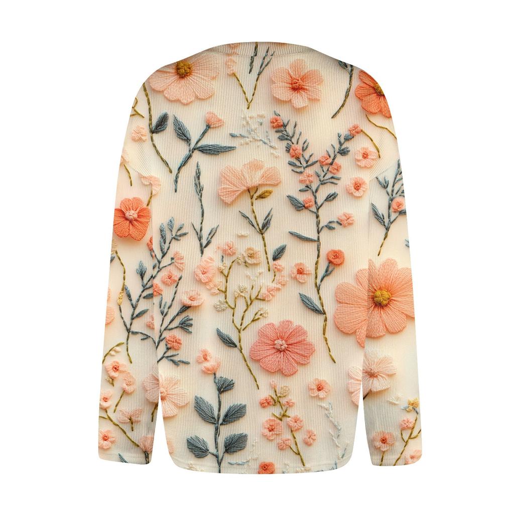 Damen Casual Fashion Retro Blumendruck Langarm Top Strickjacke Knopfjacke