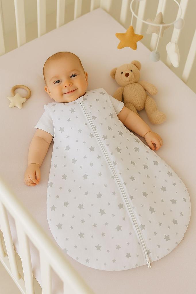 Rounded cotton sleeping bag for children S 0-6 months summer TOG 1.0 - mini stars gray