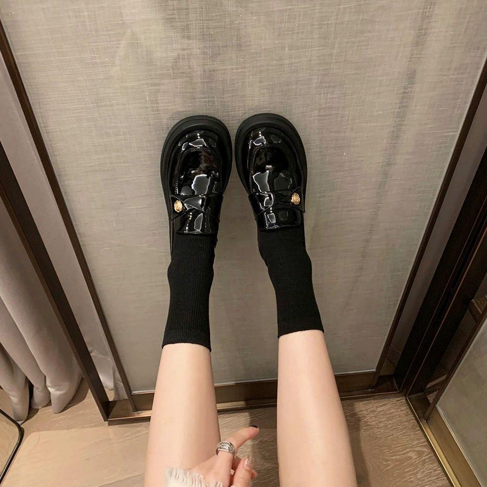 British small leather shoes women's 2025 new gold coin buckle round head thick heel platform loafers women's single shoes ins