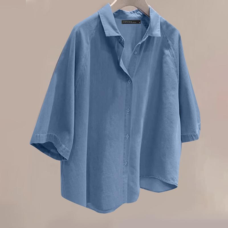 

ZANZEA Женская повседневная блузка с отложным воротником и рукавом 3/4 S синий