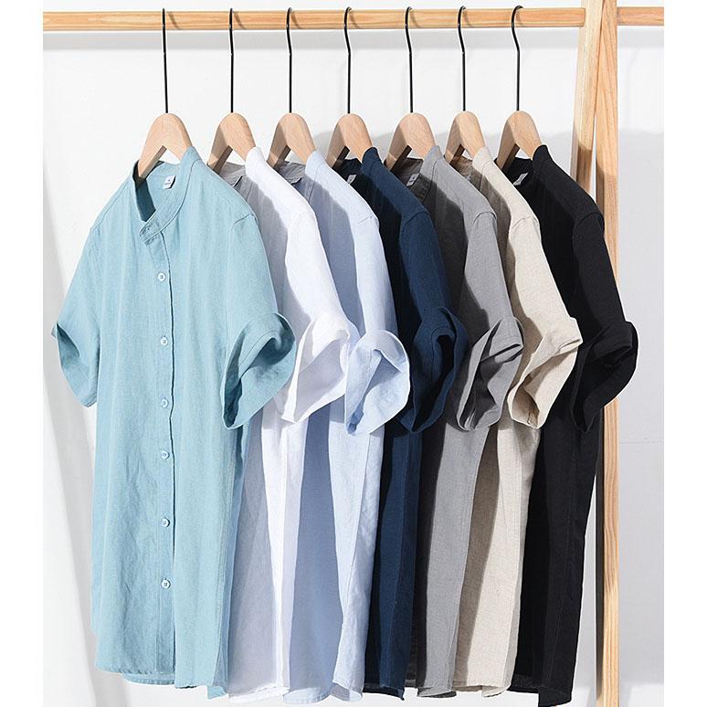 Cotton Linen Men's Short-Sleeved Shirts Summer Streetwear Plain Color Stand Collar Casual Beach Style Plus Size XS-3XL