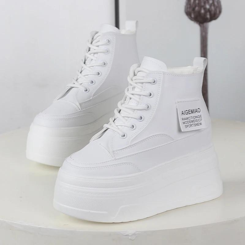 Fashion 12CM Genuine Leather Women Casual White Platform Wedge Skateboard Hidden Heel Shoes Shoes Vulcanize plush Chunky Sneakers