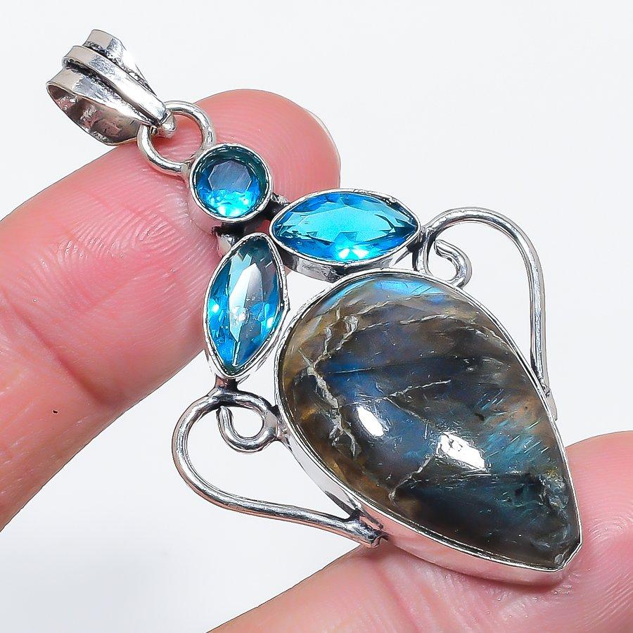 Natural Labradorite, Topaz 925 Sterling Silver Jewelry Pendant 2.36" T6Z90