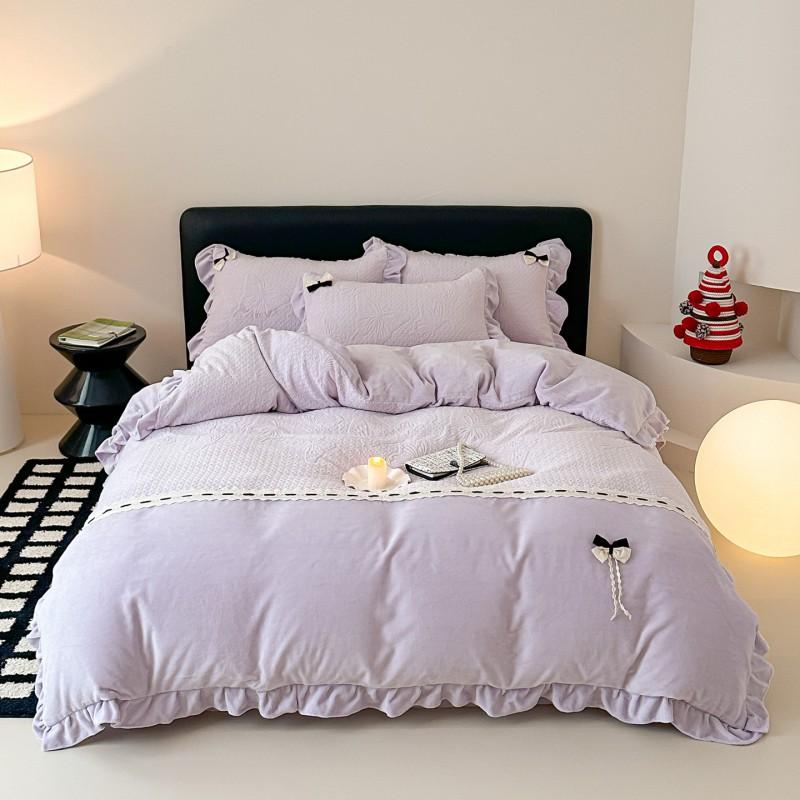 Korean Style Milk Fleece Bedding Set Lace Trim Bow Decor Thick Warm Anti-Static