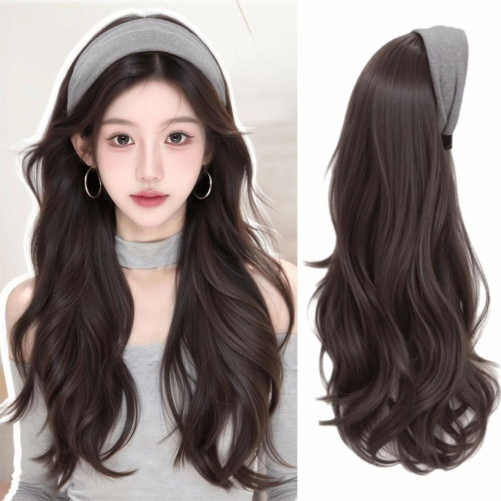 Korean Style Gray Wide Knit Headband Wig Hair Hoop Long Wavy Curly  Hair  Daily Wear