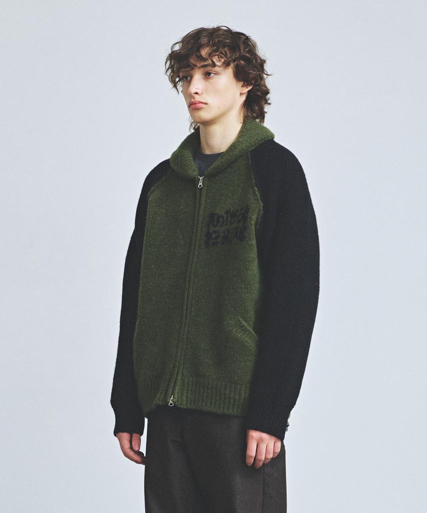 Knitted Bulky Wool Stadium Zip-Up Khaki-Black