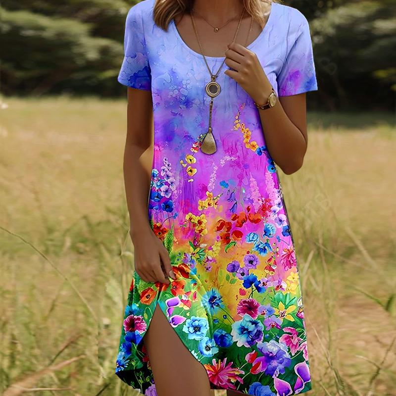 

Модное женское свободное красивое цветочное платье с круглым вырезом и коротким рукавом с принтом листьев, свободное уличное платье А-силуэта 4XL фиолетовый