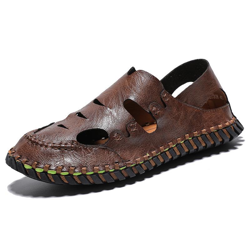 

Japanese Harajuku high-end men s leather sandals outdoor bag head beach shoes non-slip one pedal 45