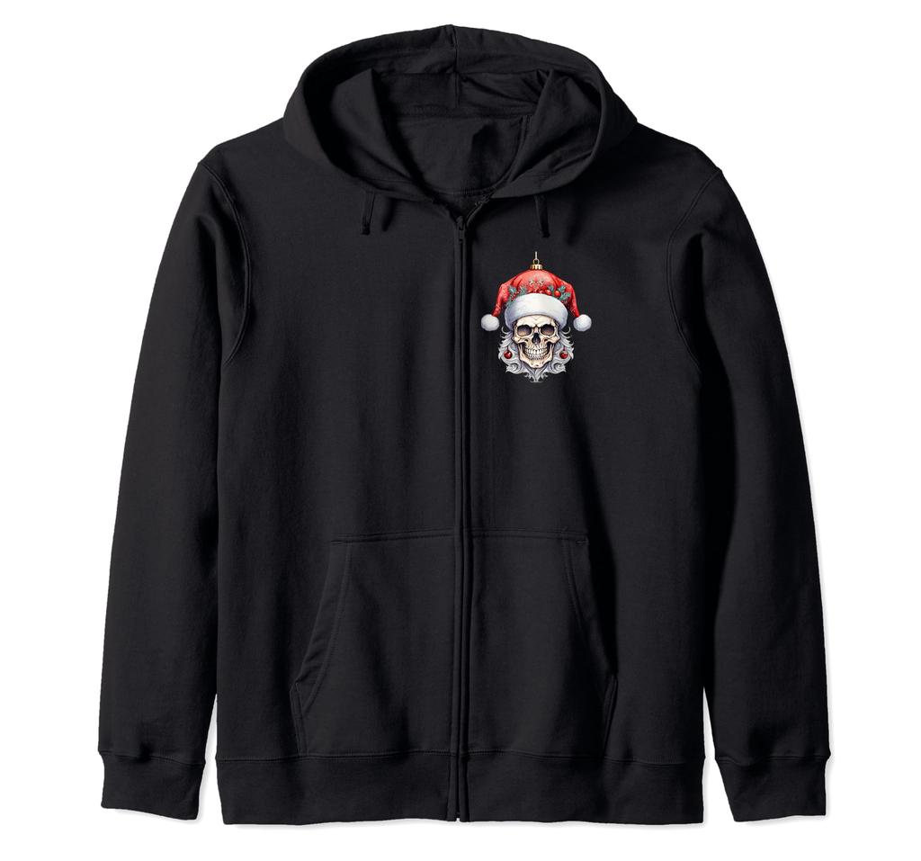 Skeleton with Red Christmas Hat and Holly Berry Beard Zip Hoodie
