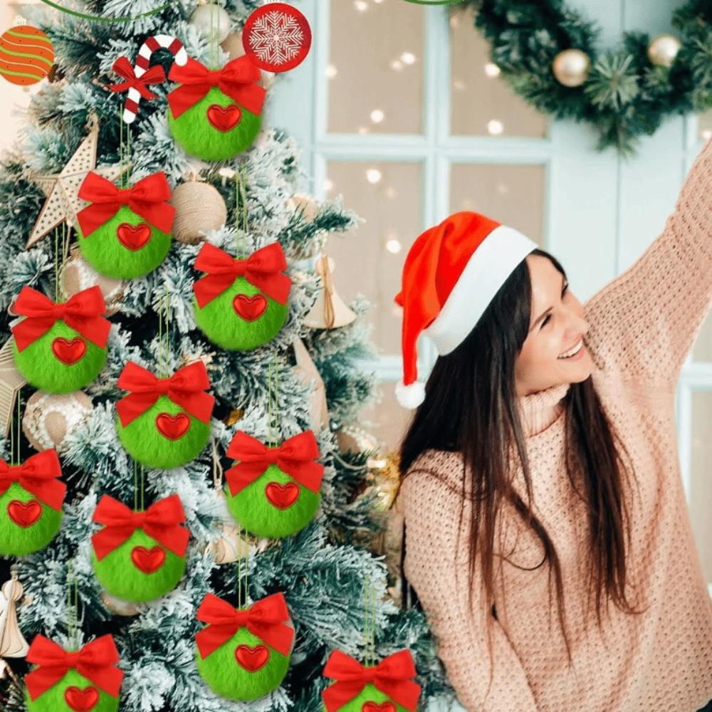 12Pcs Furry Green Plush Christmas Balls Soft Christmas Tree Hanging Decoration  Door