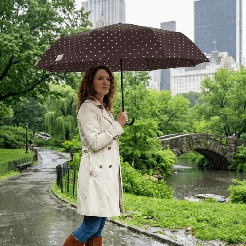 Summer Polka Dot Folding Umbrella 8 Ribs Windproof U Shape Handle Lightweight Manual UV Sunshade Rainproof Dual Use