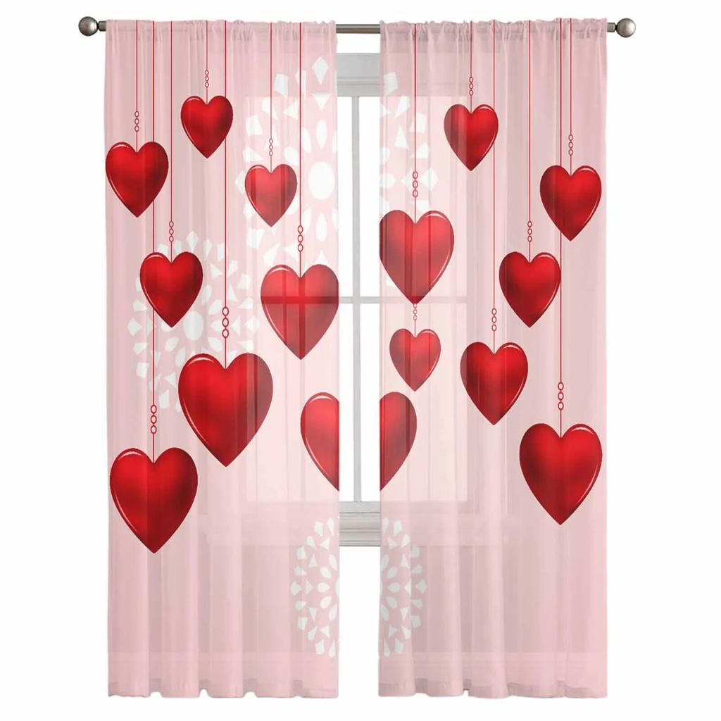 Valentine'S Day Hearts Decoration Tulle Curtains For Living Room Sheer Curtain For Bedroom Kitchen Blinds Voile Curtains