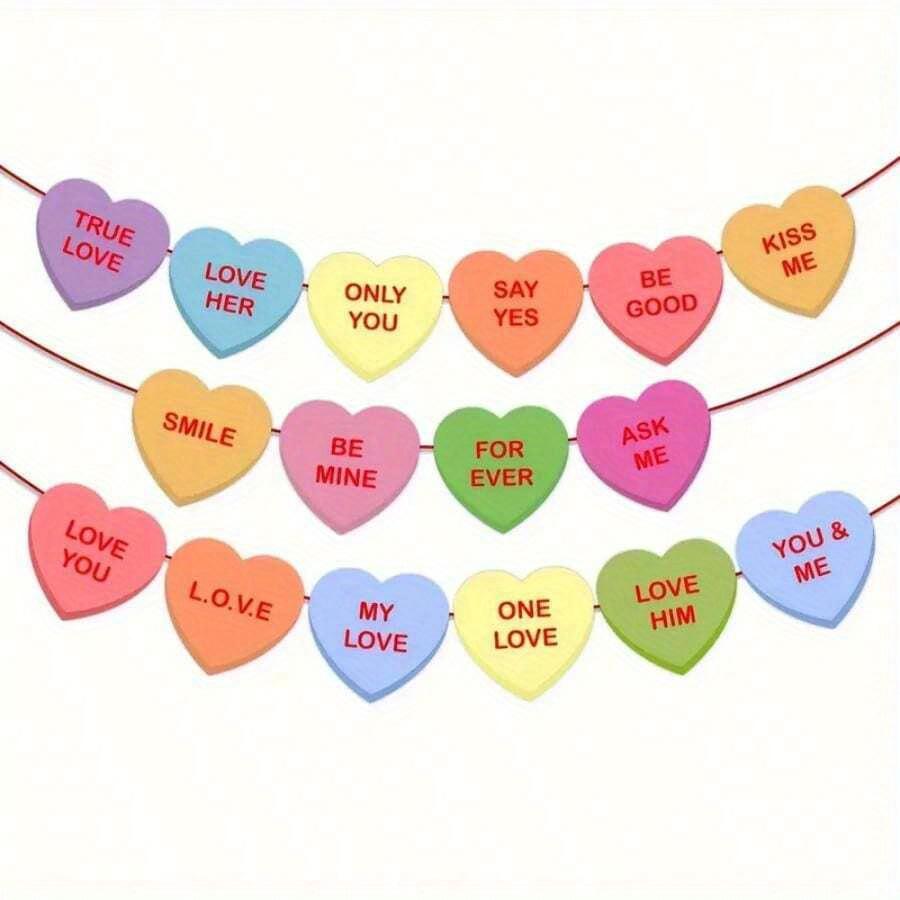 Valentine's Day Heart Banner Garland - Candy-Colored, Pre-Strung with Love Sayings for Anniversary, Wedding & Birthday Decorations
