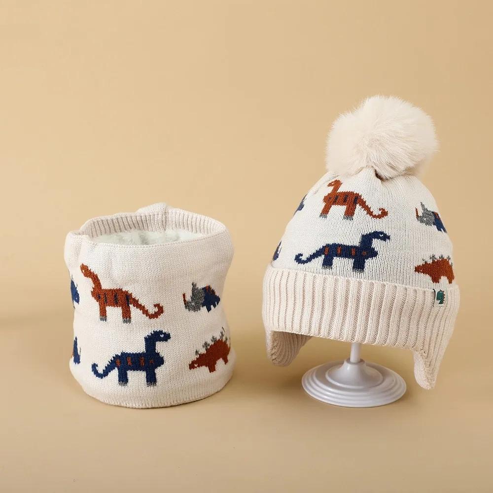 2Pcs Set New Thickened Beanie Cap Warm Ear Protection Knitted Hat Cartoon Dinosaur Scarf Set Winter
