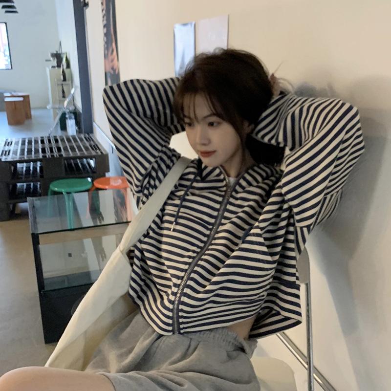 

Полосатая куртка-толстовка с капюшоном для женщин на осень в корейском стиле, студенческая, свободного кроя, универсальная, с длинным рукавом 2XL синий