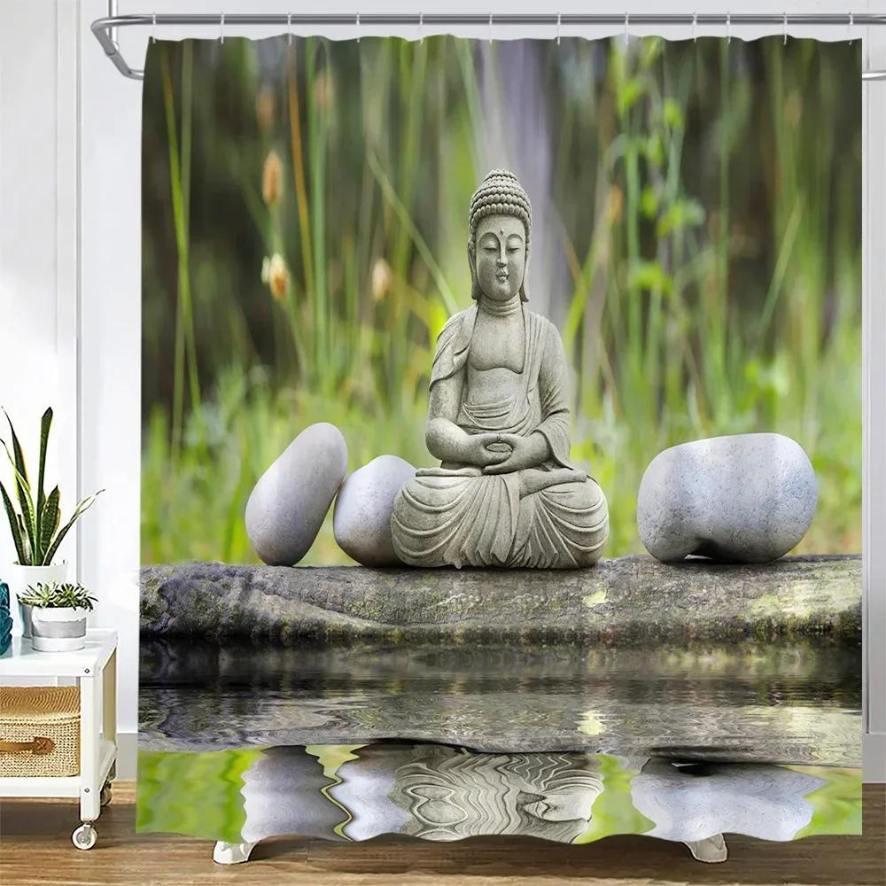 Zen Green Bamboo Shower Curtain Pink Flower Plant Black Stone Spa Garden Scenery Wall Hanging Fabric Bathroom Decor Curtains Set