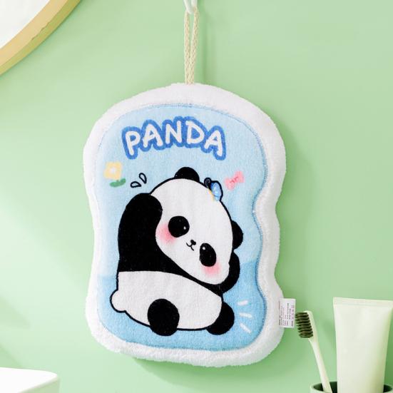 Cartoon Panda Hand Towel Hanging Thickened Washcloth Absorbent Towel with Hanging Ring for Kitchen Bathroom Home Travel