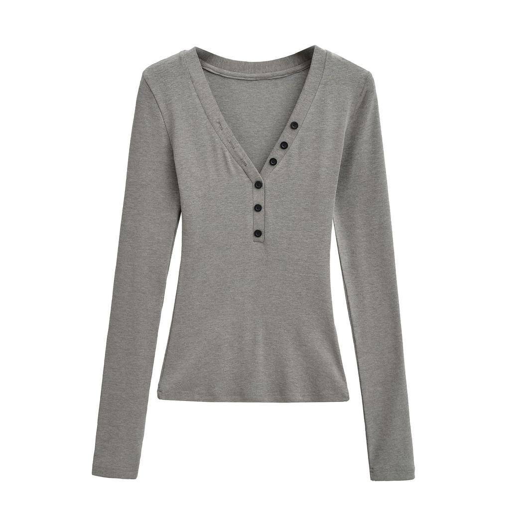 Spicy Lazy Girl V-neck Button Long Sleeve Women's Autumn/Winter Base Layer Elastic Fit T-shirt