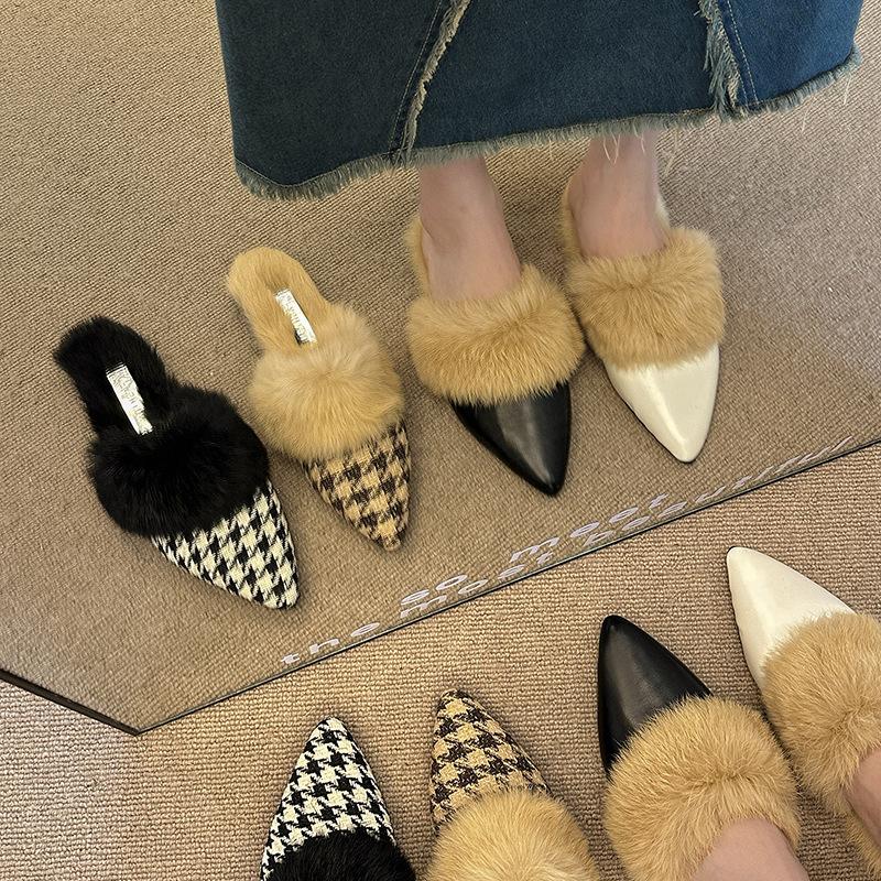 Pointed hair mop 2025 autumn and winter versatile fashion bag head half slippers women's new thousand bird grid outer wear flat bottom non-slip
