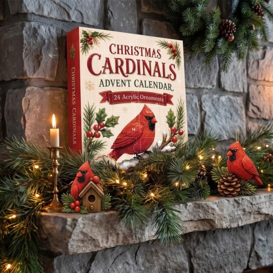 Advent Calendar for Kids Red Bird Calendar, 24-Day Christmas Countdown Set with Acrylic Ornament Collection Ornaments, 2D Tree Hanging Decor,