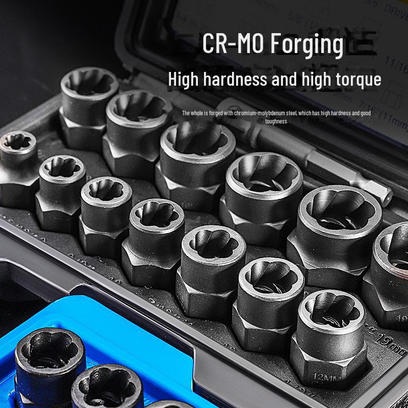 14-Piece Industrial-Grade High Torque Screw & Nut Extractor with Reverse Tooth Design