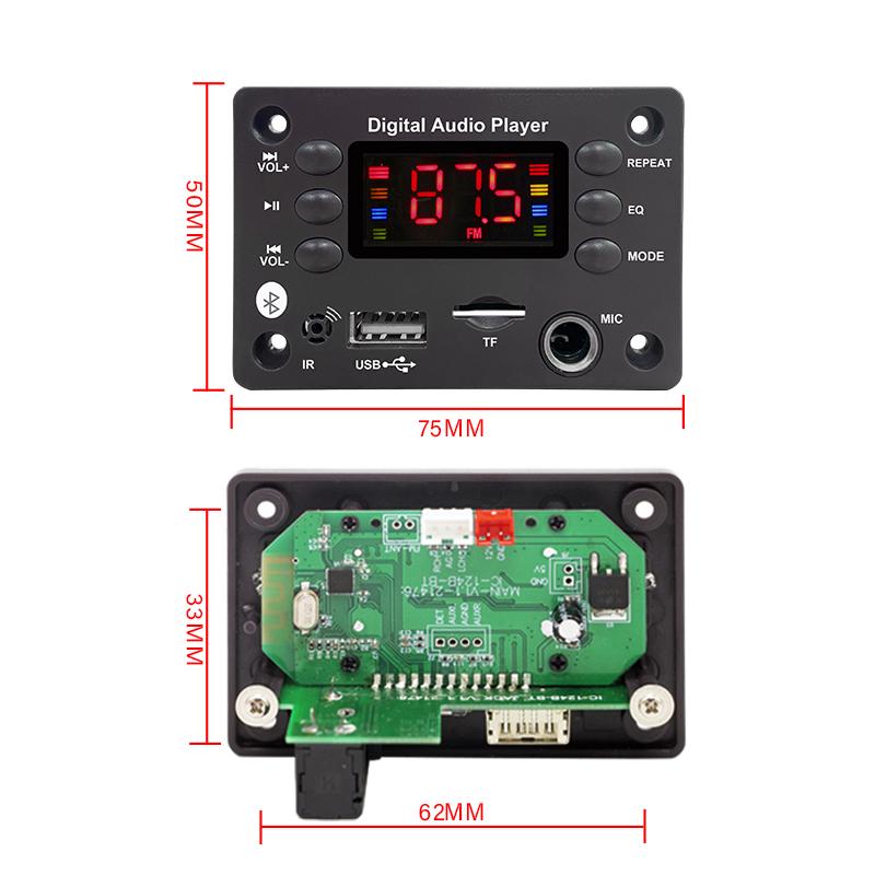 DC 5V 12V Audio Player Bluetooth 5.0 MP3 Decoder Board Hands-free Car Microphone USB TF FM Radio MP3 Music Player Speaker 4
