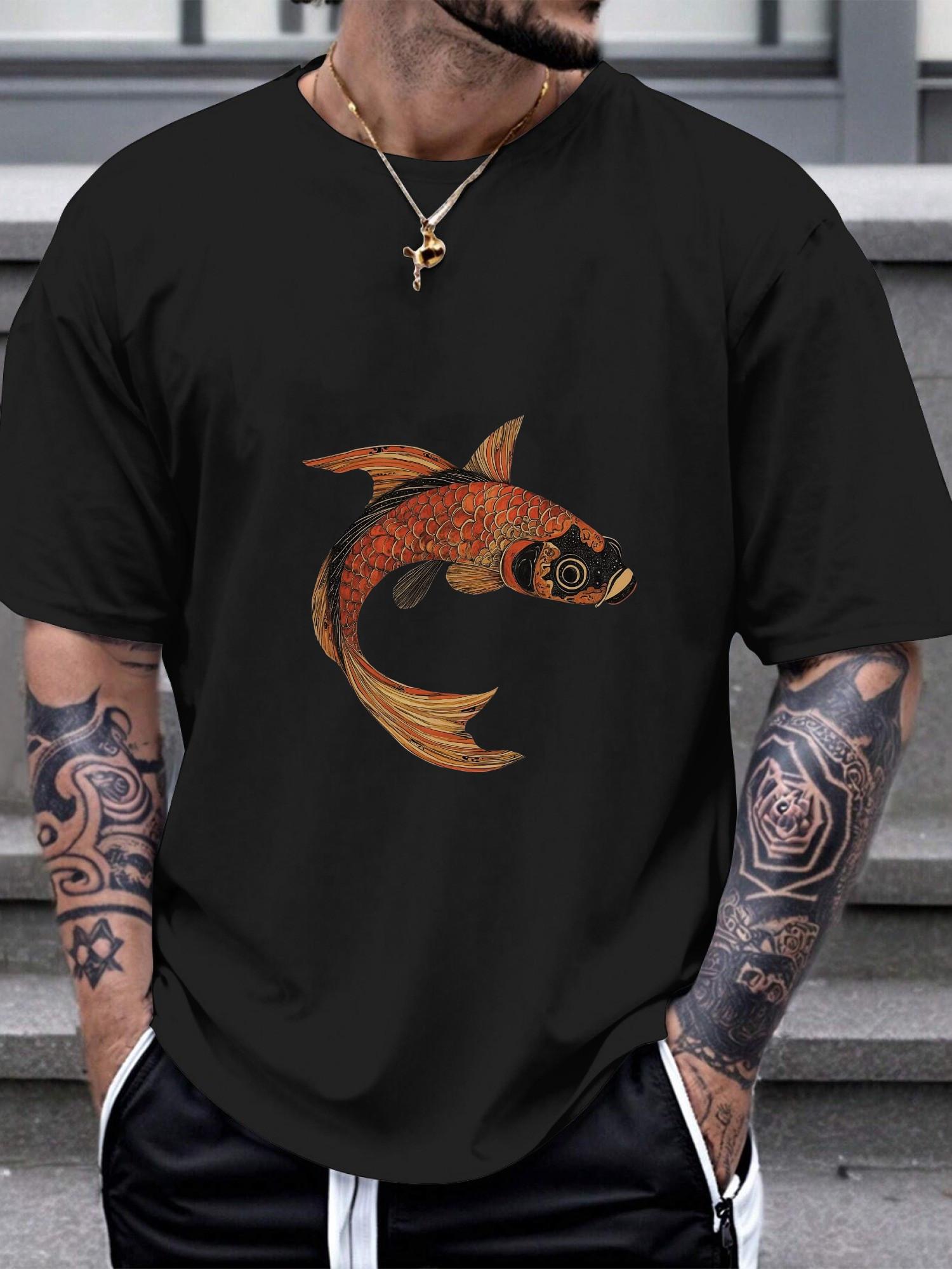 1pc Casual Koi Fish Graphic T-shirt - 180g Cotton Crew Neck Short Sleeve Tee with Vibrant Orange & White Koi Illustration XXXL